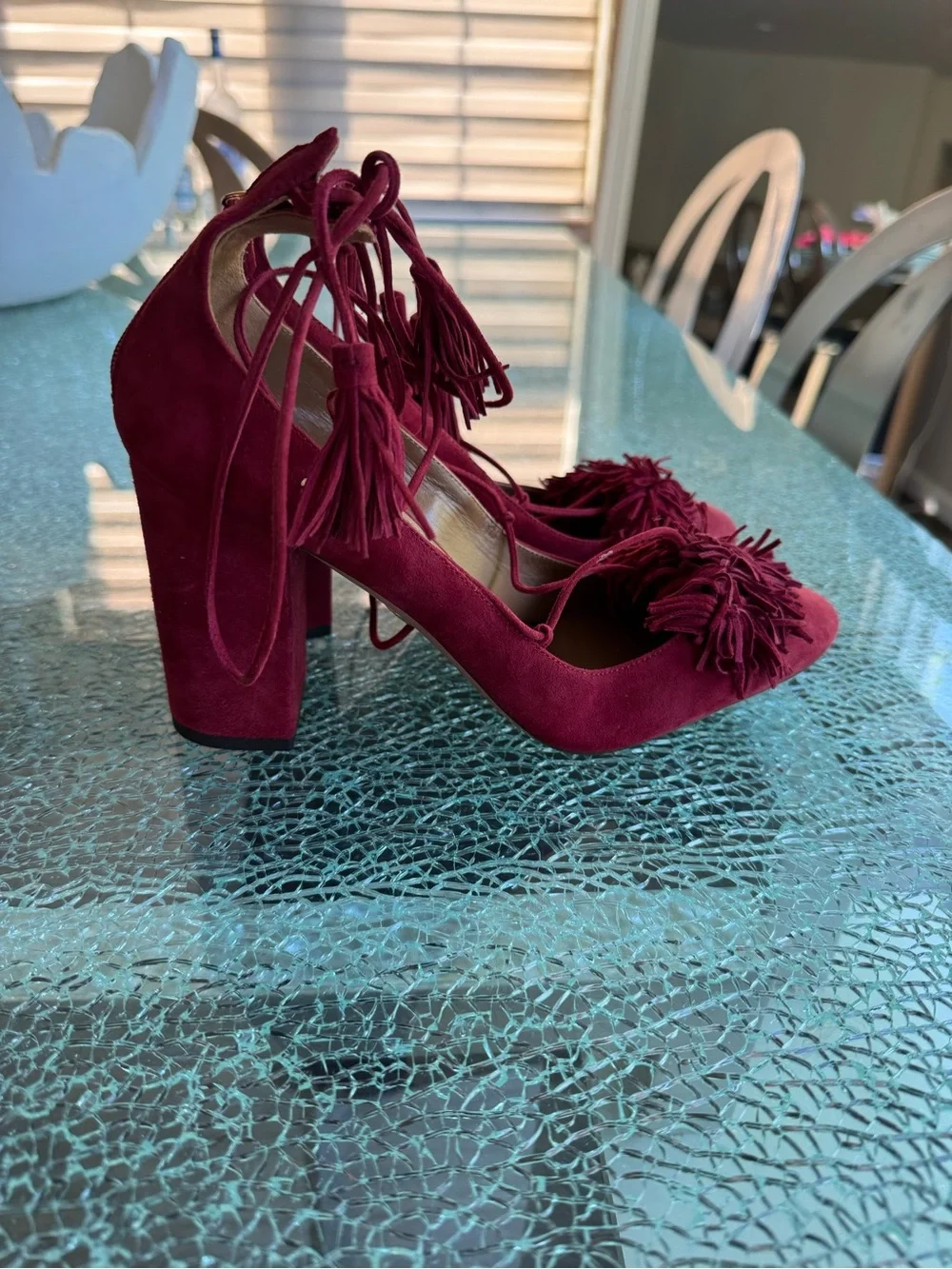 Aquazzura Women's Burgundy Tassel Lace-Up Pumps 40